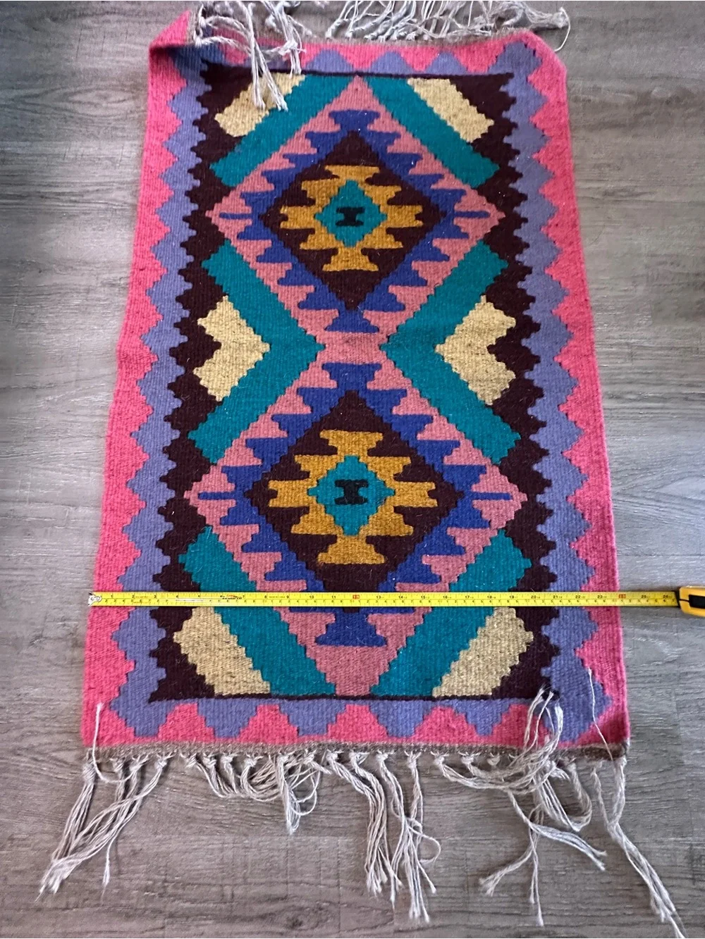 Handwoven Persian Rug 39”x24” Boho Geometric Accent Rug in Pink, Teal, Yellow